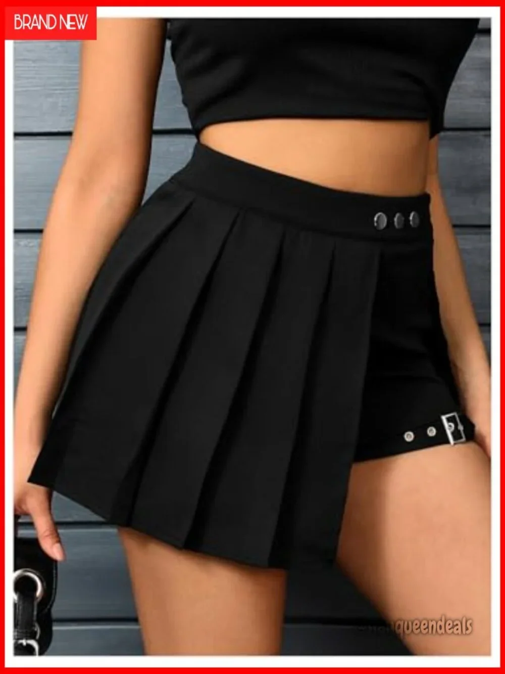 High Waisted Pleated Mini Skirt with Buckle Detail, Polyester A-Line